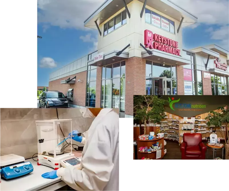 Keystone Pharmacy storefront, a pharmacist compounding in the lab, and the Keystone Nutrition store